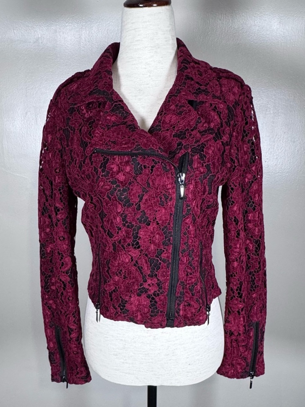 NWT White House Black Market Sz XS Burgundy Lace Full Zip Gothic Moto Jacket